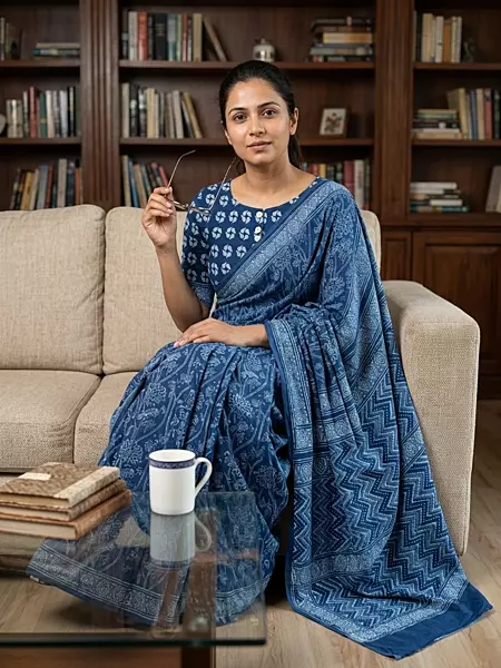 Mul Cotton Indigo Akola Dabu Print Saree-1