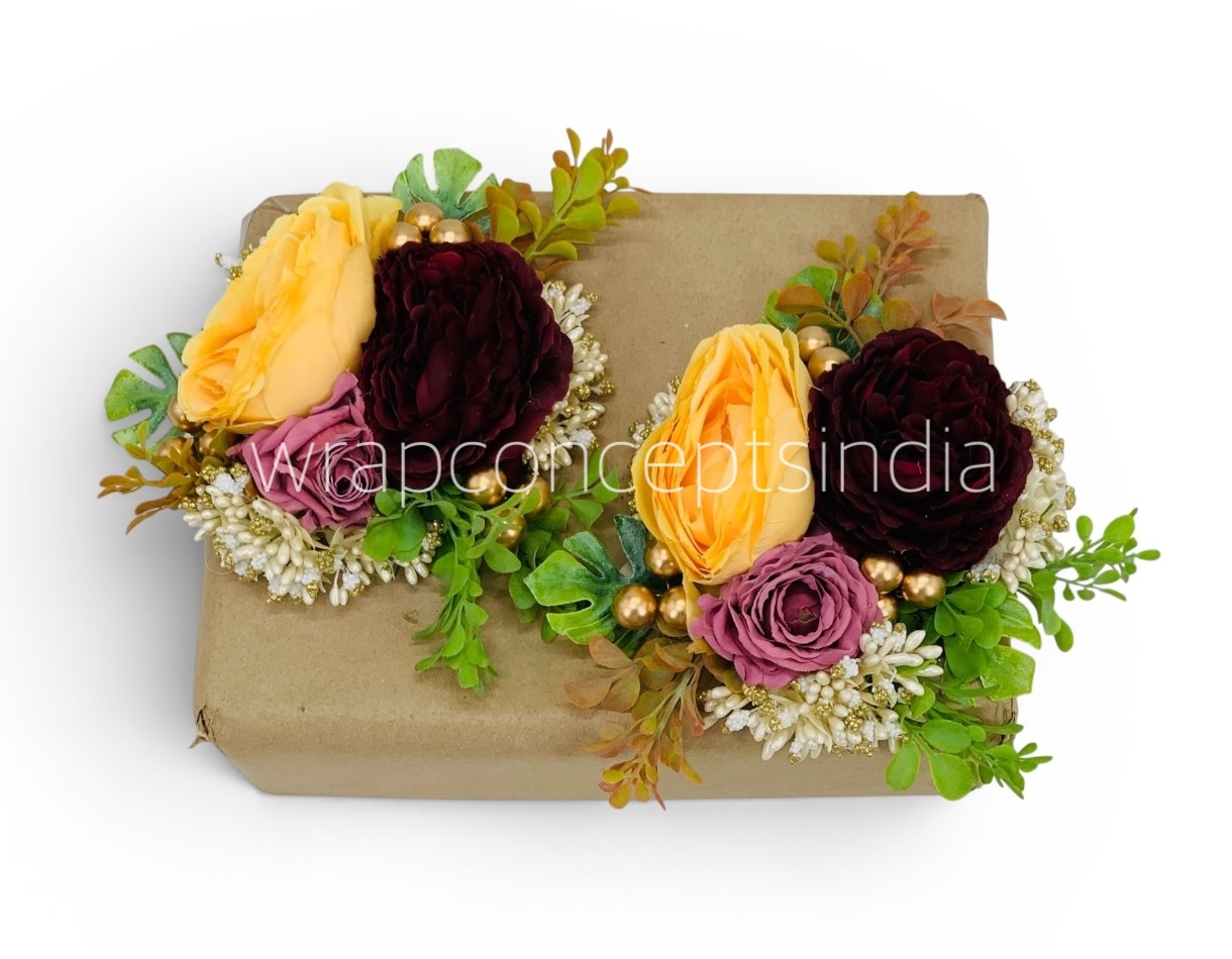 Yellow & Wine Floral Gift Accent with Greenery – Pack of 6