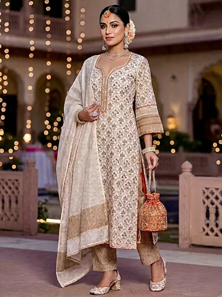 Off White Chanderi Block Print Suit Set