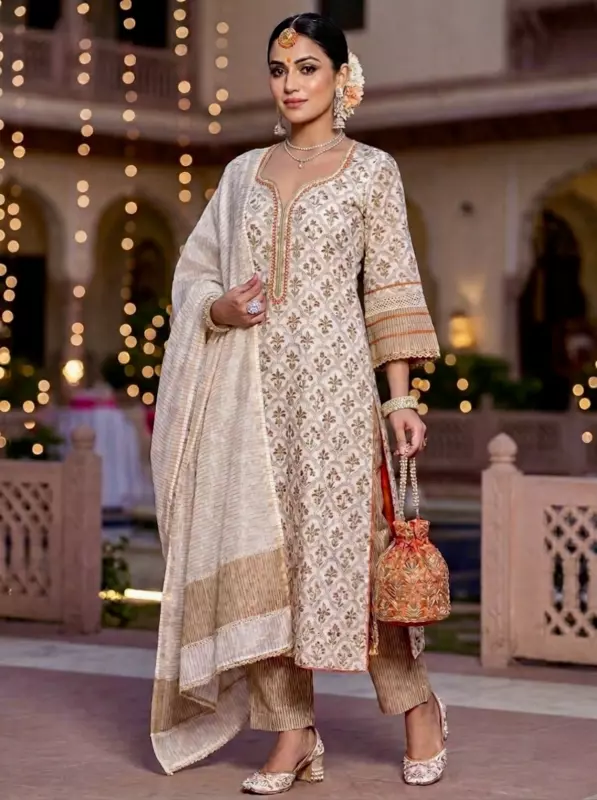 Off White Chanderi Block Print Suit Set