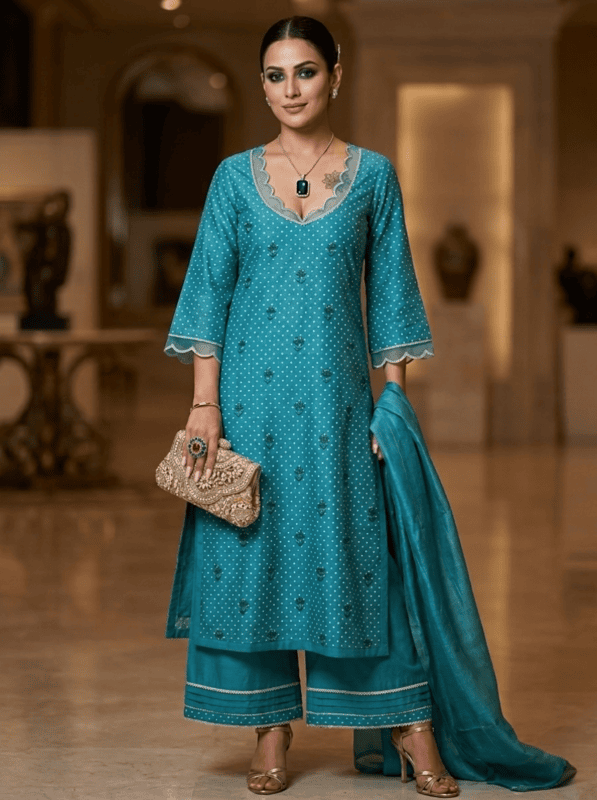 Turquoise Chanderi Block Print Suit Set
