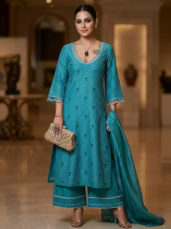 Turquoise Chanderi Block Print Suit Set