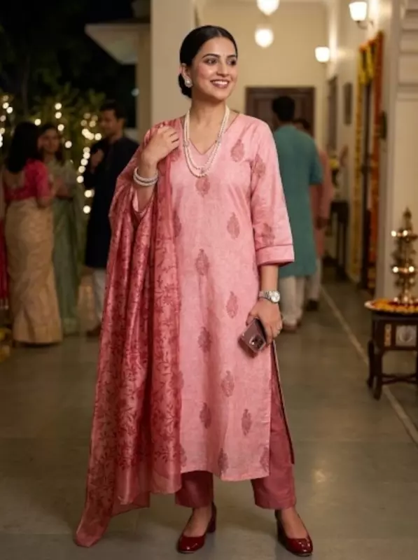 Chanderi Peach Block Print Suit Set
