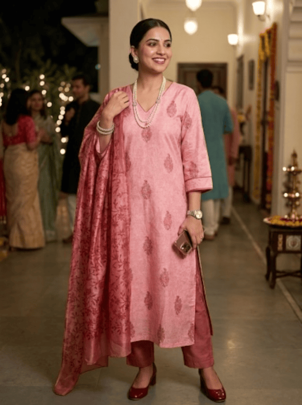 Chanderi Peach Block Print Suit Set