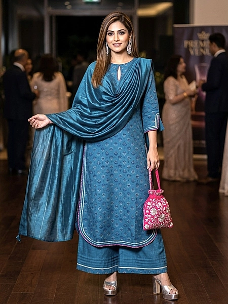 Turquoise Buta Chanderi Block Print Suit Set