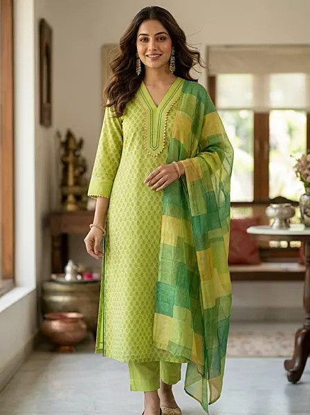 LemonGreen Chanderi Block Print Suit Set