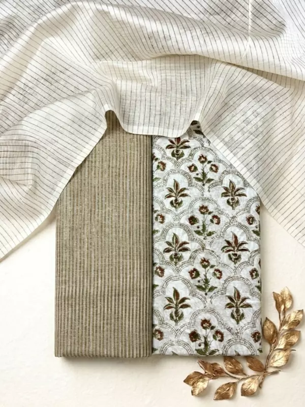 Off White Chanderi Block Print Suit Set