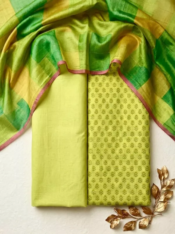 LemonGreen Chanderi Block Print Suit Set