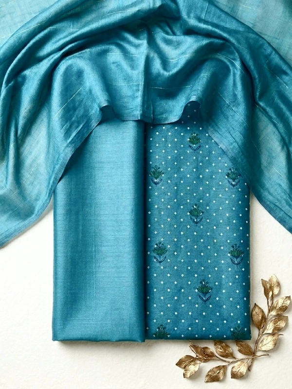 Turquoise Chanderi Block Print Suit Set