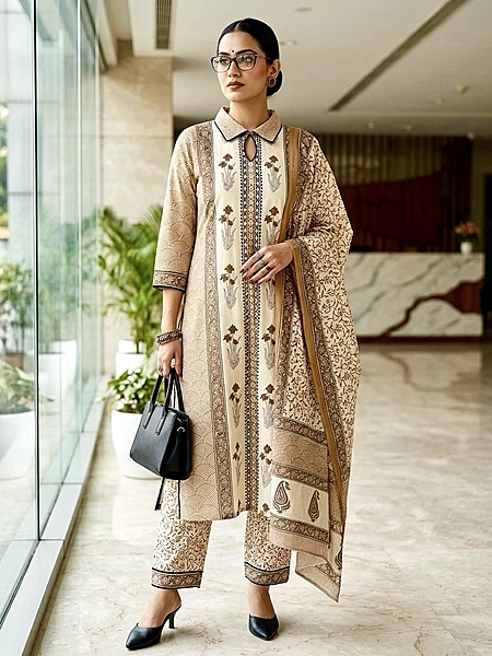 Cotton Bagru Print Suit Set (Mustard)