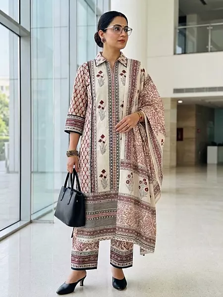 Cotton Bagru Print Suit Set (Maroon)