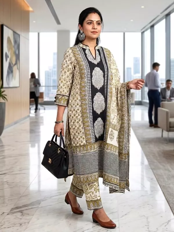 Cotton Bagru Print Suit Set (Olive)
