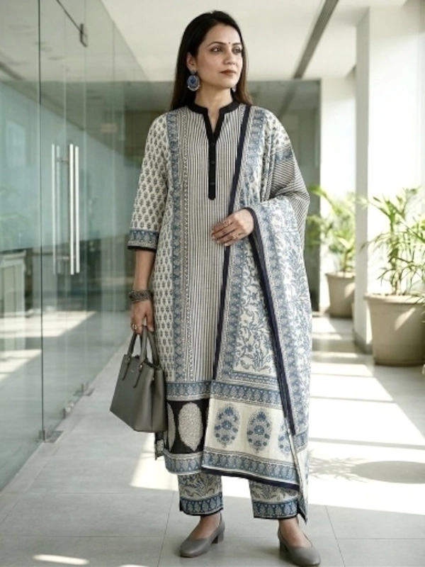 Cotton Bagru Print Suit Set (Blue)