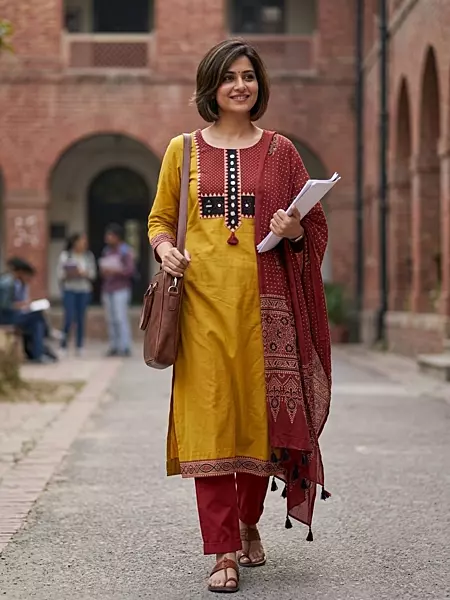 Cotton Ajrakh Mirror work Patch Suit Set (Mustard)