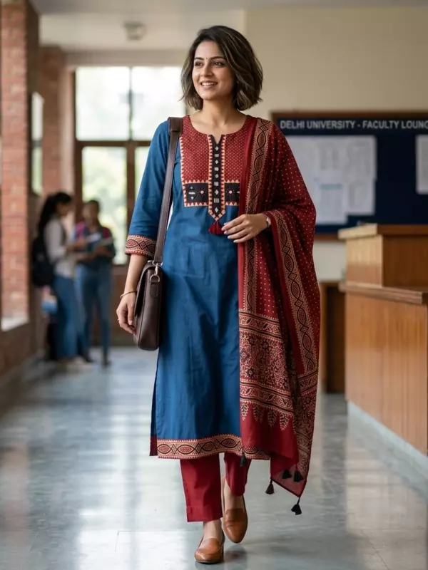 Cotton Ajrakh Mirror work Patch Suit Set (Blue)
