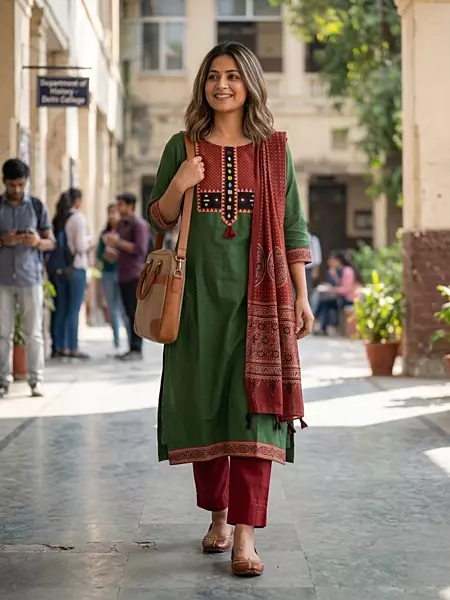 Cotton Ajrakh Mirror work Patch Suit Set (Green)