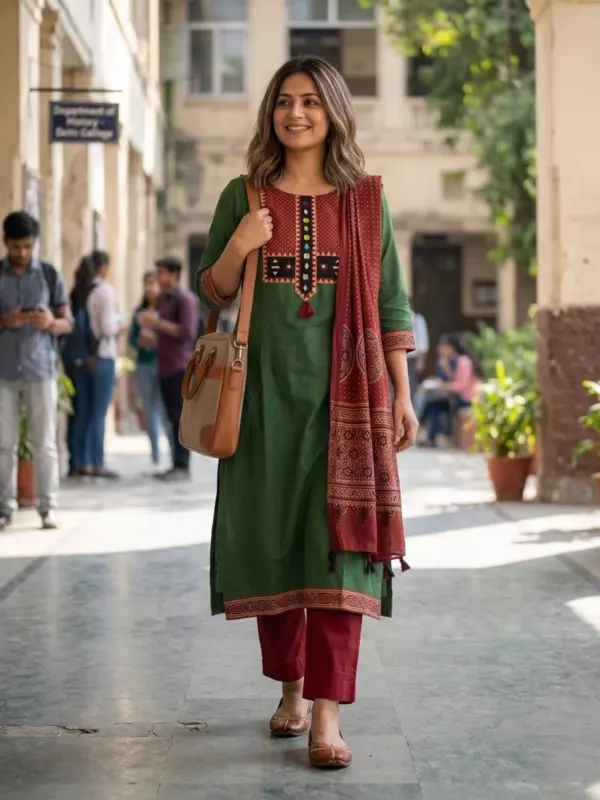 Cotton Ajrakh Mirror work Patch Suit Set (Green)