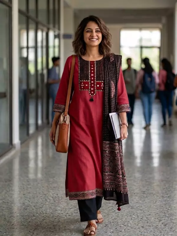 Cotton Ajrakh Mirror work Patch Suit Set (Maroon)