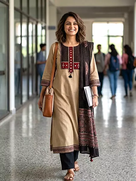 Cotton Ajrakh Mirror work Patch Suit Set (Beige)