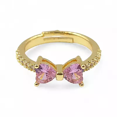 Gold-Plated Adjustable Butterfly Bow Ring - Pink Zircon