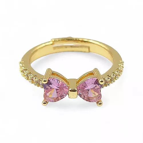 Gold-Plated Adjustable Butterfly Bow Ring - Pink Zircon