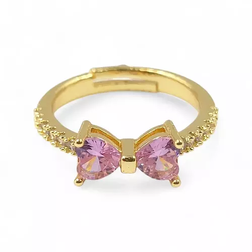 Gold-Plated Adjustable Butterfly Bow Ring - Pink Zircon