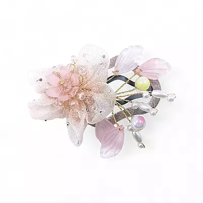 Elegant Pink Floral Beaded Organza Snap Clip