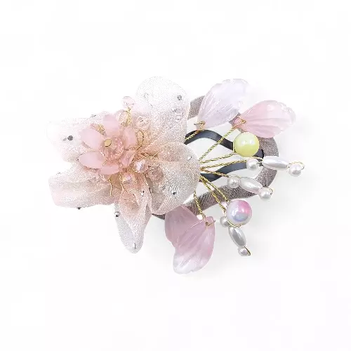 Elegant Pink Floral Beaded Organza Snap Clip