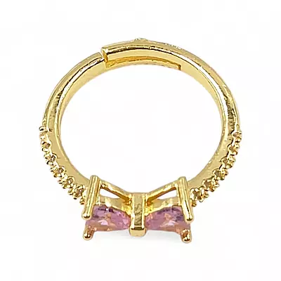 Gold-Plated Adjustable Butterfly Bow Ring - Pink Zircon