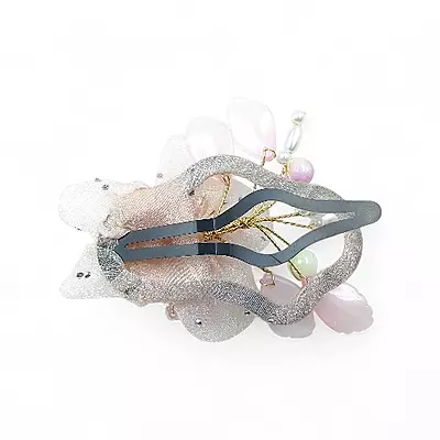 Elegant Pink Floral Beaded Organza Snap Clip