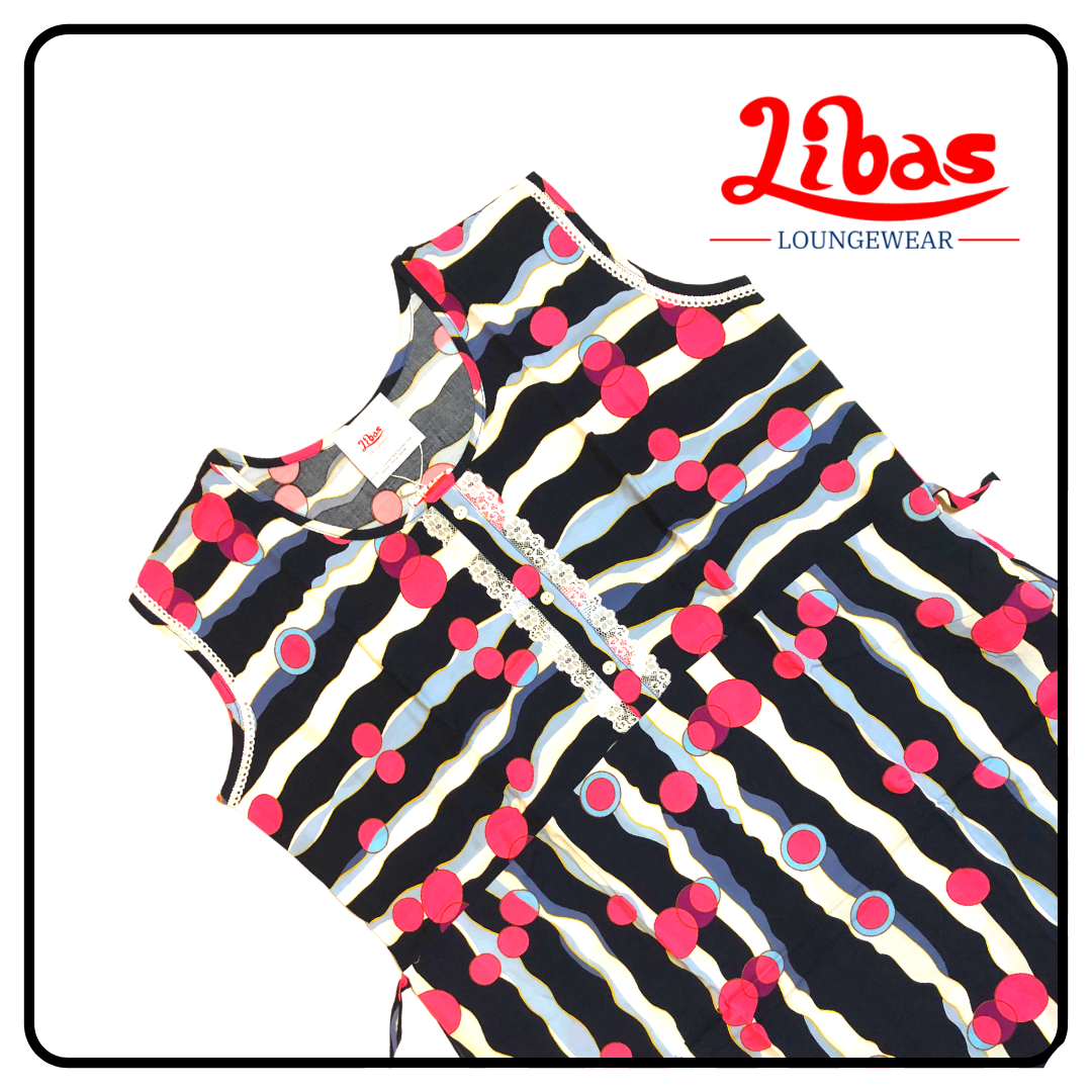 Pink white & black striped geometric printed rayon sleevless nighty from libas loungewear-SL041 Pink white & black striped geometric printed rayon sleevless nighty from libas loungewear-SL041