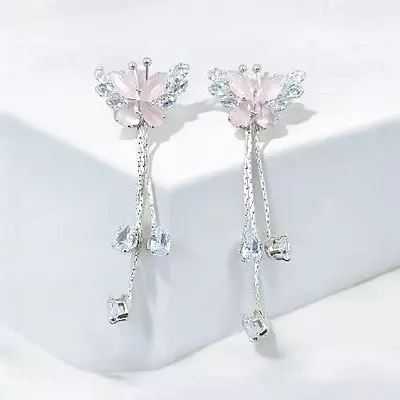 Pink Butterfly Drop Earrings | Cubic Zirconia Dangle Earrings