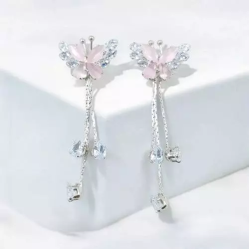 Pink Butterfly Drop Earrings | Cubic Zirconia Dangle Earrings