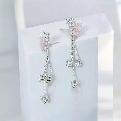 Pink Butterfly Drop Earrings | Cubic Zirconia Dangle Earrings