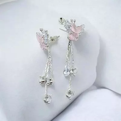 Pink Butterfly Drop Earrings | Cubic Zirconia Dangle Earrings