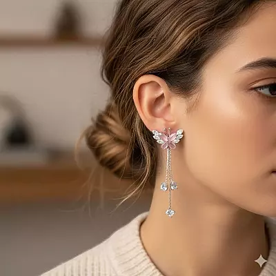 Pink Butterfly Drop Earrings | Cubic Zirconia Dangle Earrings