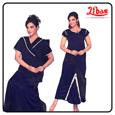 Plain violet satin two piece fancy nighty with net & lace work from libas loungewear-FCN014