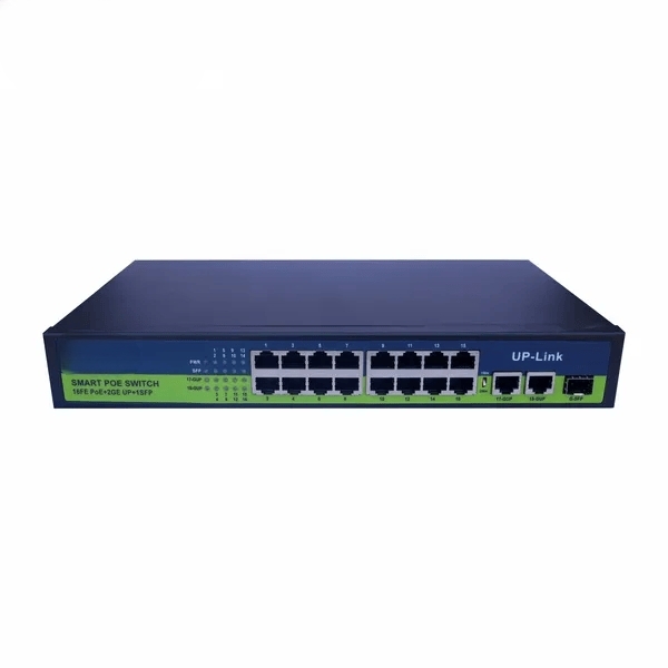 PoE Ethernet Switch Ai Poe (16Fe+2Ge+2 Sfp) Over Ethernet Switch 2 Port Uplink Giga, 802.3Af/At Poe+100MB-ps, 300W BuiltIn Power, Extend To 250Meter, Unmanaged Metal Plug And Play