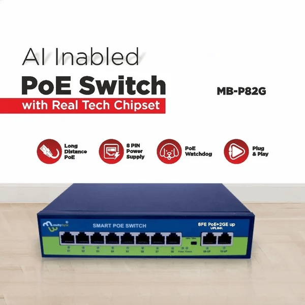 PoE Ethernet Switch Ai Poe (8Fe+2Ge) Over Ethernet Switch 2 Port Uplink Giga, 802.3Af/At Poe+100MB-ps, 120W BuiltIn Power, Extend To 250Meter, Unmanaged Metal Plug And Play