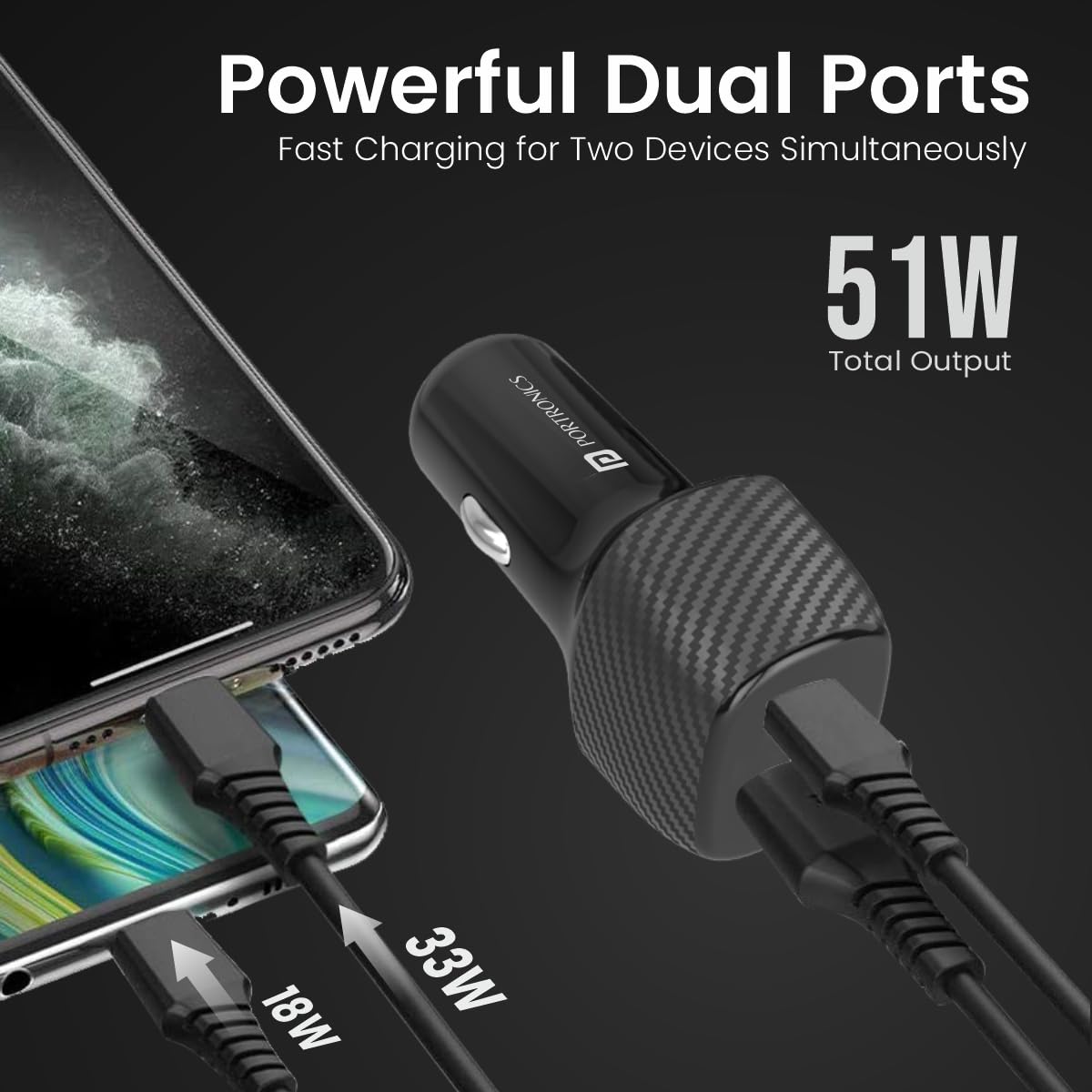 Portronics Car Power 6 Car Charger with Dual USB Port for Cellular Phones (PD+QC) 38W (Black)