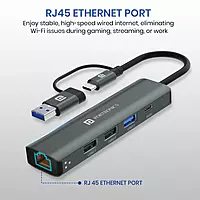 Portronics MPORT EDGE - 5in1 Multiport Hub USB-A + Type-C Dual Input and 100MBPS Ethernet, USB2.0*2, USB3.0*1 & Type-C*1 Output Ports Portronics MPORT EDGE - 5in1 Multiport Hub USB-A + Type-C Dual Input and 100MBPS Ethernet, USB2.0*2, USB3.0*1 & Type-C*1 Output Ports