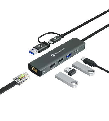 Portronics MPORT EDGE - 5in1 Multiport Hub USB-A + Type-C Dual Input and 100MBPS Ethernet, USB2.0*2, USB3.0*1 & Type-C*1 Output Ports Portronics MPORT EDGE - 5in1 Multiport Hub USB-A + Type-C Dual Input and 100MBPS Ethernet, USB2.0*2, USB3.0*1 & Type-C*1 Output Ports