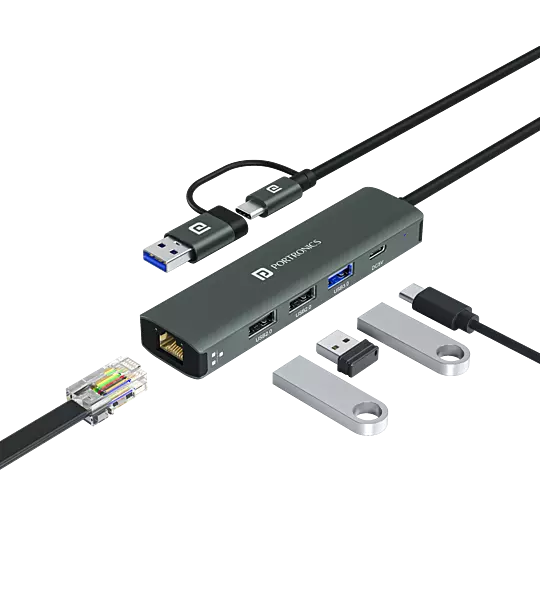 Portronics MPORT EDGE - 5in1 Multiport Hub USB-A + Type-C Dual Input and 100MBPS Ethernet, USB2.0*2, USB3.0*1 & Type-C*1 Output Ports Portronics MPORT EDGE - 5in1 Multiport Hub USB-A + Type-C Dual Input and 100MBPS Ethernet, USB2.0*2, USB3.0*1 & Type-C*1 Output Ports