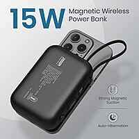 Portronics Power Shutter 20000mAh 15W Magnetic Wireless Fast Charging Powerbank with in-Built Type C & 8 Pin Cable, 22.5W Type C PD Output, Type C Bidirectional Port, LED Display (Black)