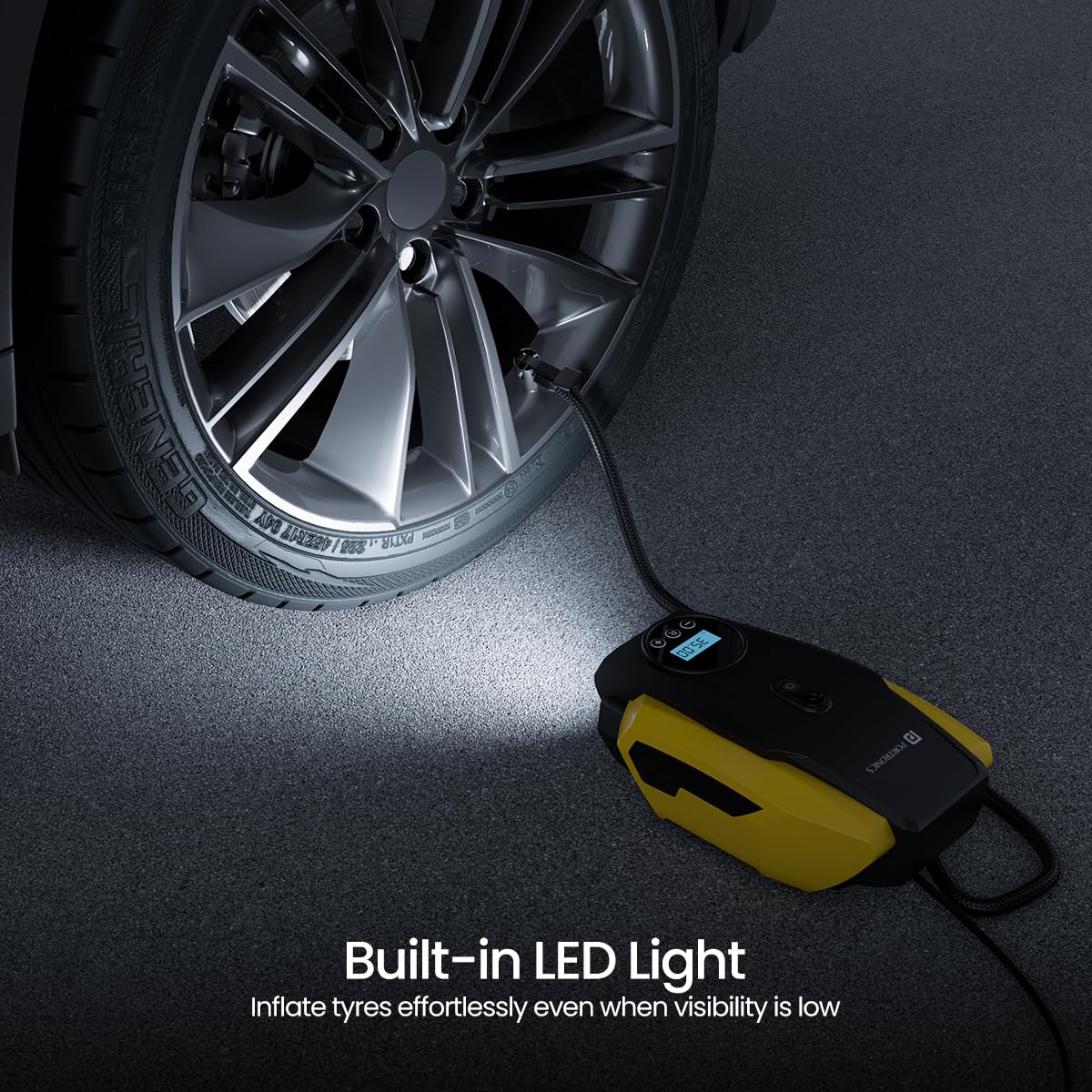 Portronics Vayu Lite Portable Tyre Inflator for Car, Bike, Cycle with 150 PSI Pressure, Digital Display, Auto Shut-Off, LED Light, 2.7m Cord, Air Pump Compressor for Cigarette Lighter Socket (Black)