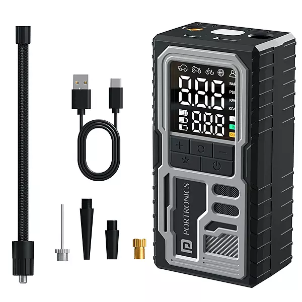 Portronics VAYU 10.0 Tyre Inflator – 4000mAh Portable | Digital Display | USB Output | Black