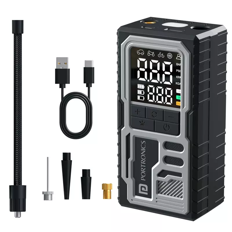 Portronics VAYU 10.0 Tyre Inflator – 4000mAh Portable | Digital Display | USB Output | Black