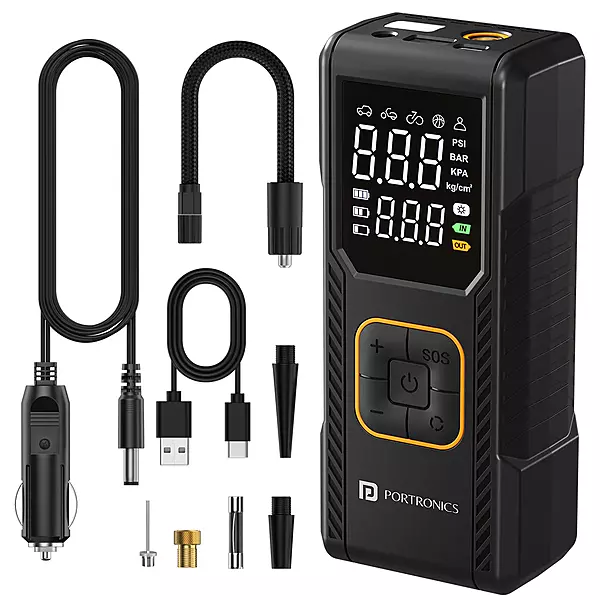 Portronics Vayu – 2-in-1 Tyre Inflator with Digital Display, compact design, fast inflation, built-in LED light, auto shut-off feature, perfect for cars and bikes, easy to use, reliable performance.