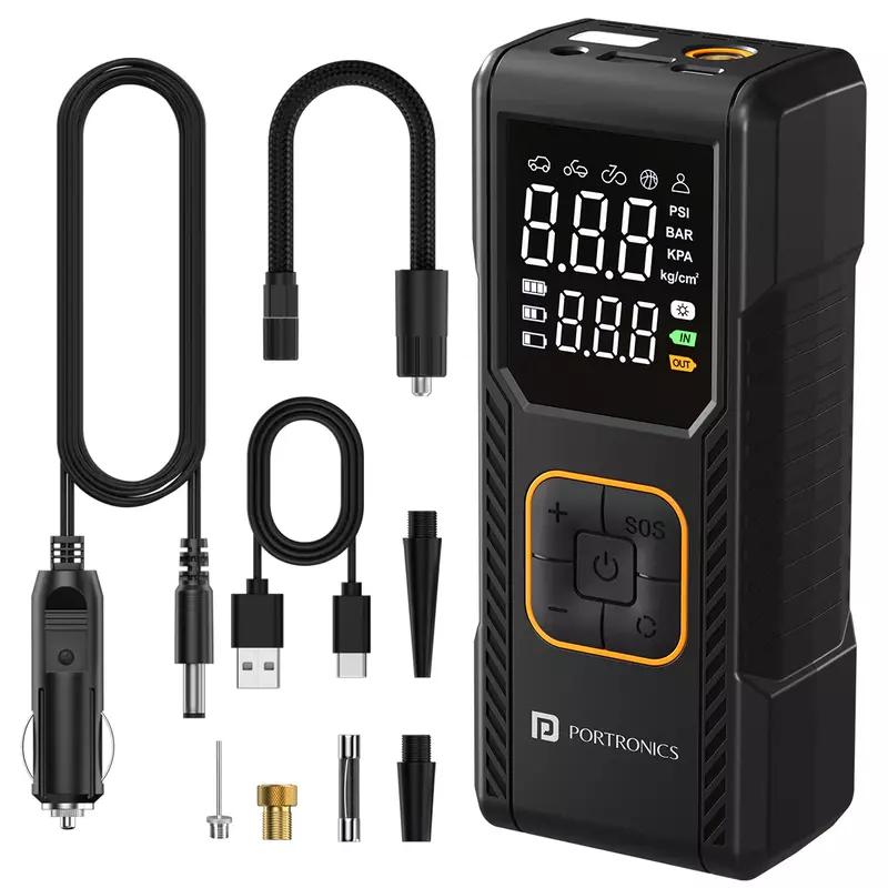 Portronics Vayu – 2-in-1 Tyre Inflator with Digital Display, compact design, fast inflation, built-in LED light, auto shut-off feature, perfect for cars and bikes, easy to use, reliable performance.