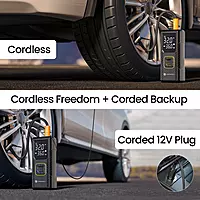 Portronics Vayu – 2-in-1 Tyre Inflator with Digital Display, compact design, fast inflation, built-in LED light, auto shut-off feature, perfect for cars and bikes, easy to use, reliable performance.